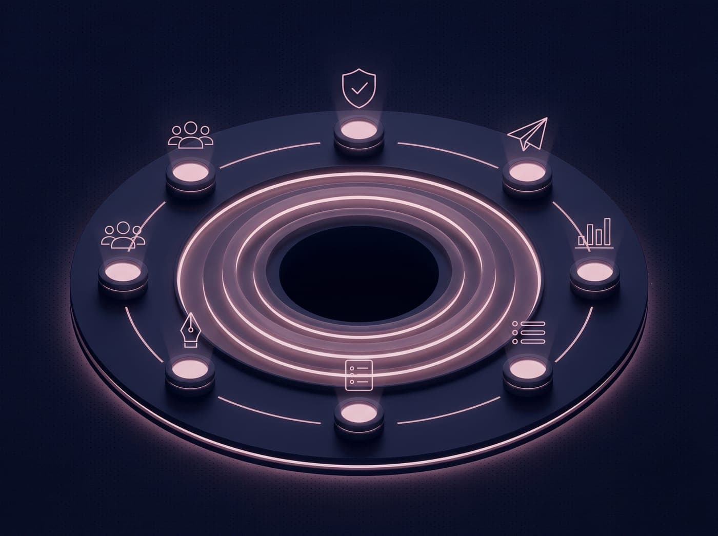 Stylized depiction of a campaign workflow with columns for creating, sending and reporting