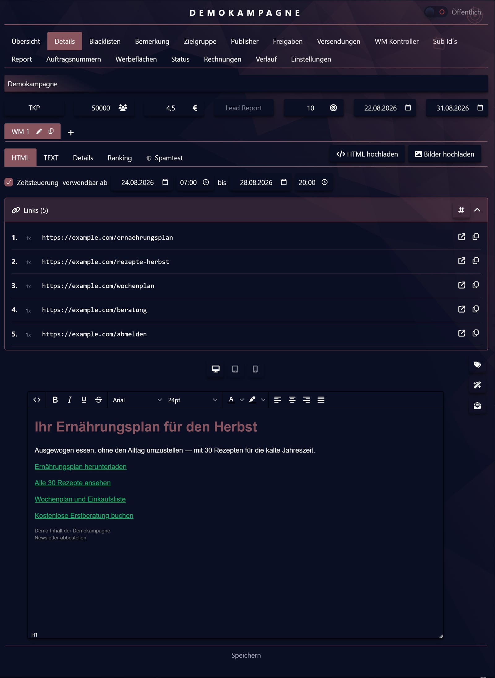 Werbemittel im HTML-Editor mit Zeitsteuerung und Linkliste