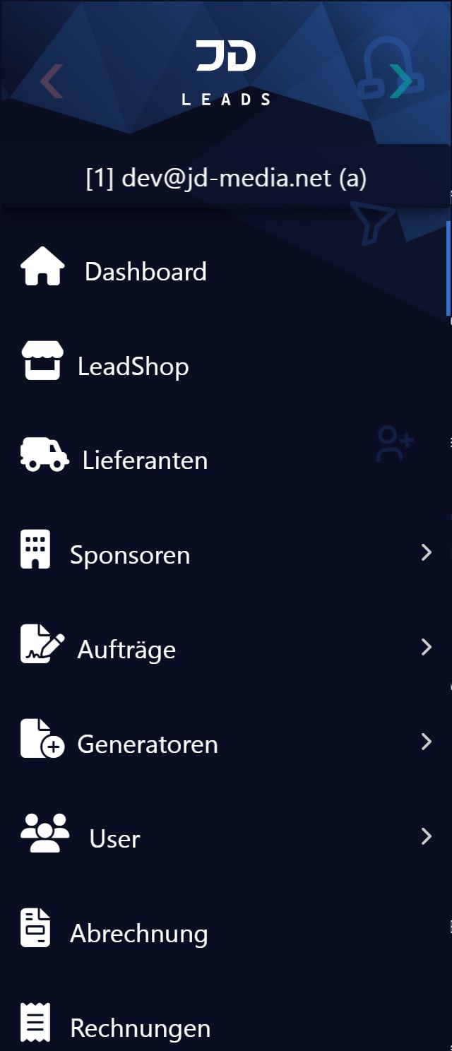 Die Bereiche von JD Leads im Menü